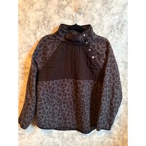 J.Crew Quilted‎ Leopard Print Fleece Mock Neck Button Snap Sherpa Pullover  L